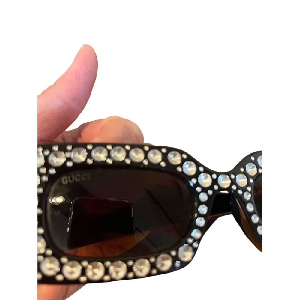 GUCCI black rectangle Diamond Cut Embellished Interlocking Gold G Sunglasses Vtg